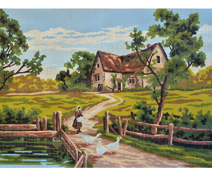 Printed canvas, Bridge with goose herder leading to cottage - 40x50cm - ART-40.143