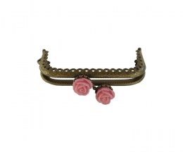 Vintage clip frame for purses, antique brass with pink roses - OTHERK085ABPK