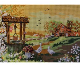 Printed Canvas Cottage with Ducks & Well 45x60cm - GOBELIN